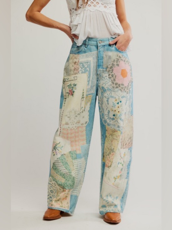 Free People Denim - Free People We the Free Illusion Patchwork Barrel Jeans Size 29 NWOT